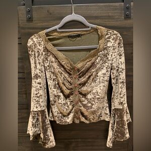 GUESS COLLECTION Vintage Y2K Crushed Velvet Gold Velour Top with Heart Buttons